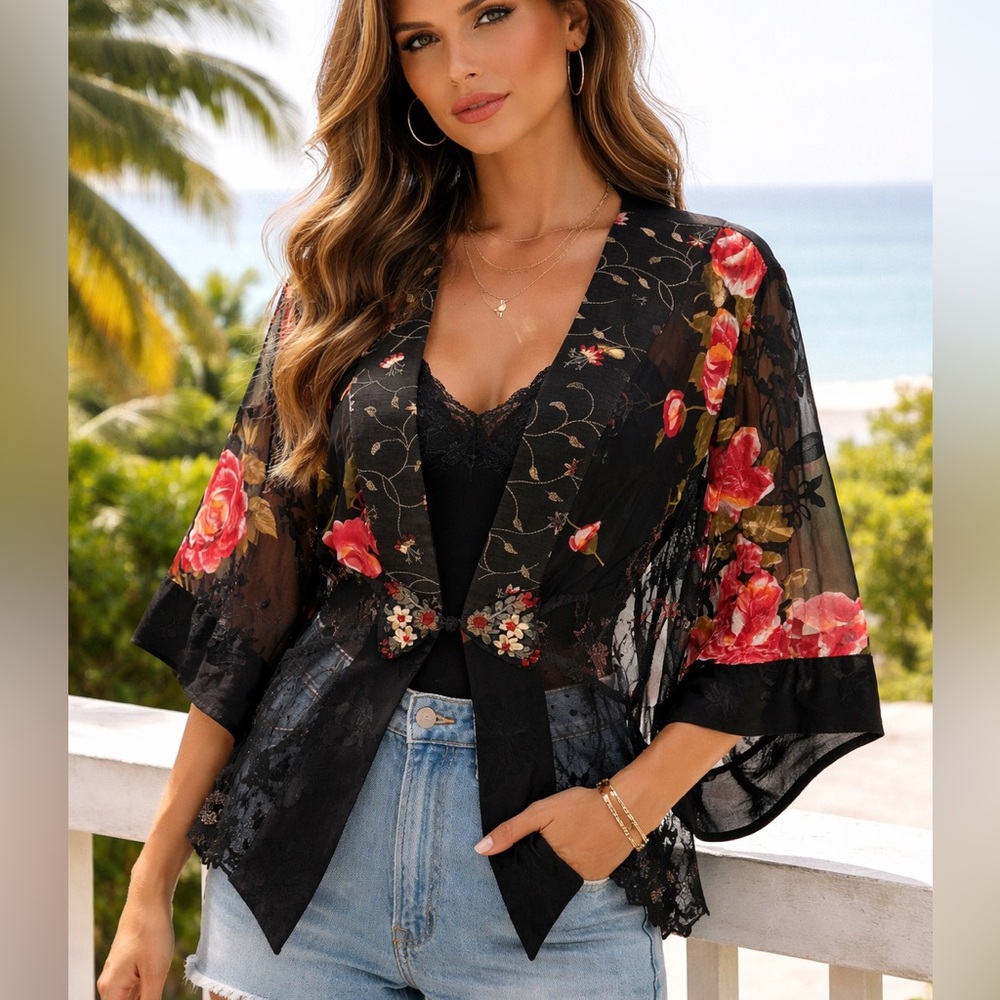 Violet Kay | Sheer Mixed Media Floral Kimono Style Top - Embroidered - Boho Chic